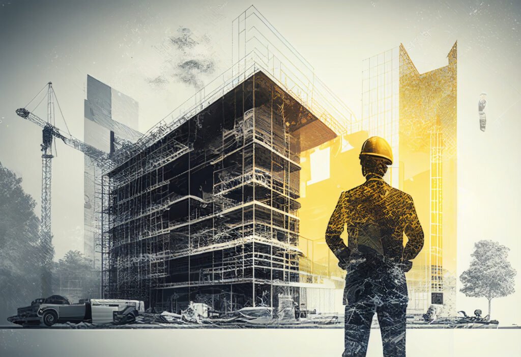 silhouette of engineer looking at construction site. engineering concept. double exposure generative ai